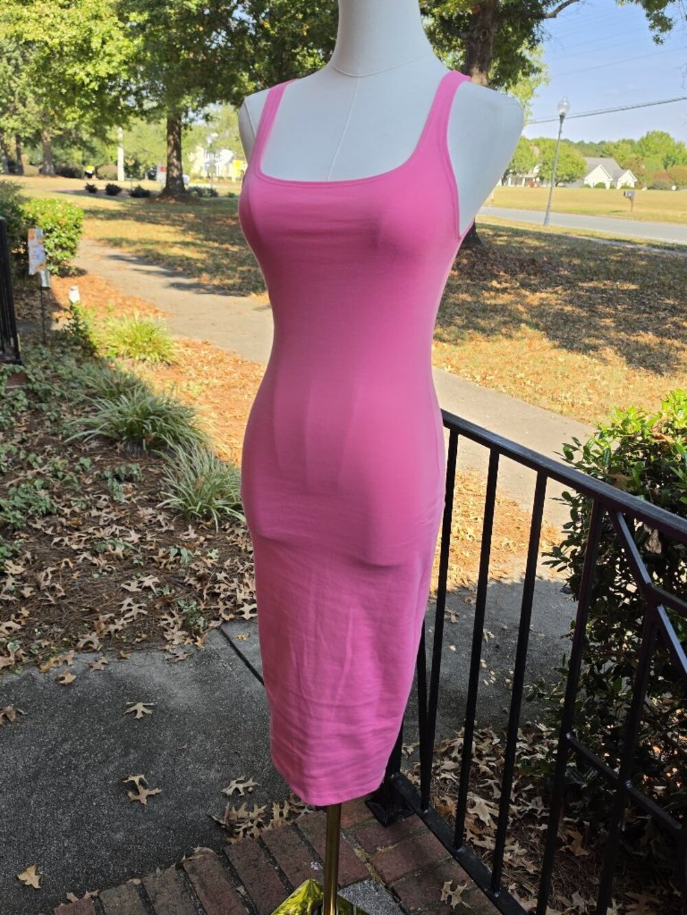 ZARA Bright Pink Bodycon Tank Midi Dress Back Slit Size S